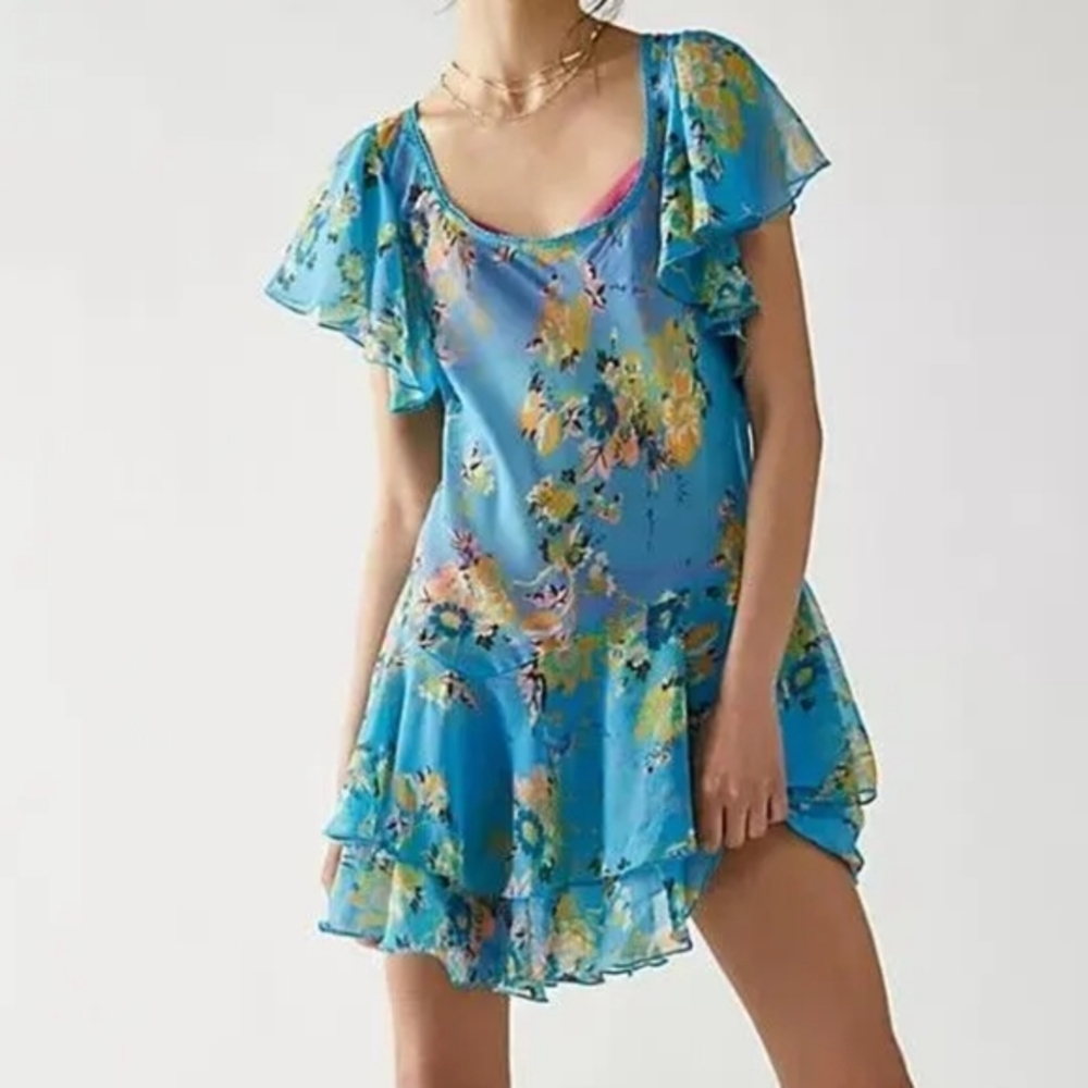Free People NWOT Love to Love Teal Blue Floral Chiffon Mini Dress Size Medium